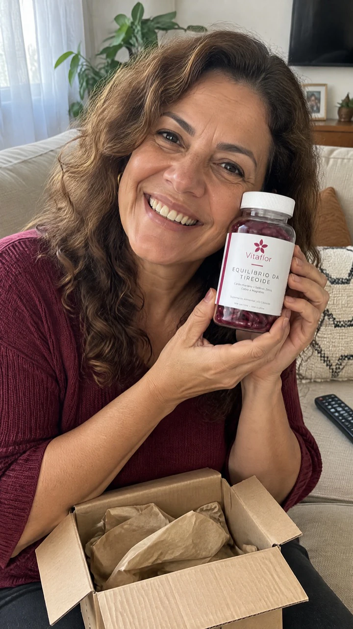Mulher sorrindo com o frasco de Vitaflor na mão