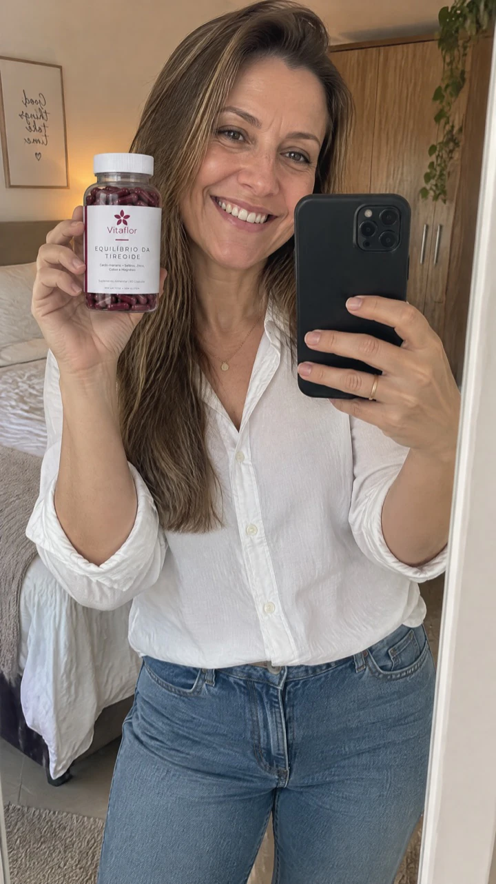 Mulher sorrindo com o frasco de Vitaflor na mão