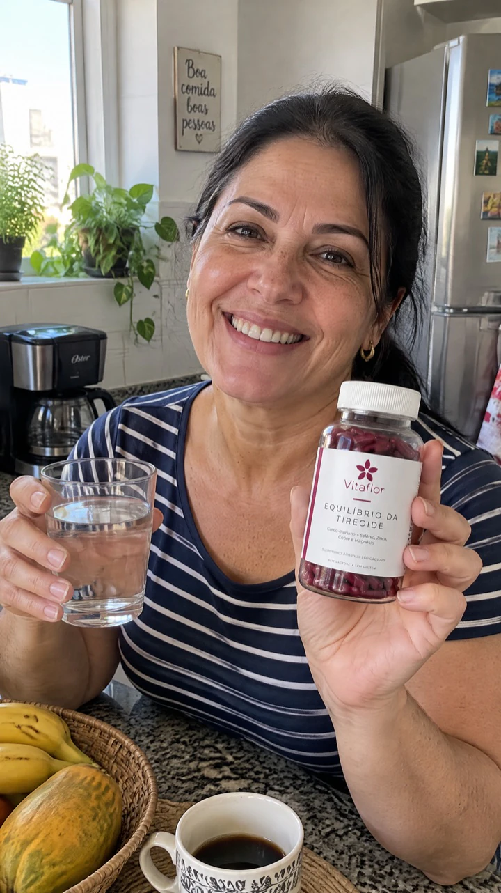 Mulher sorrindo com o frasco de Vitaflor na mão